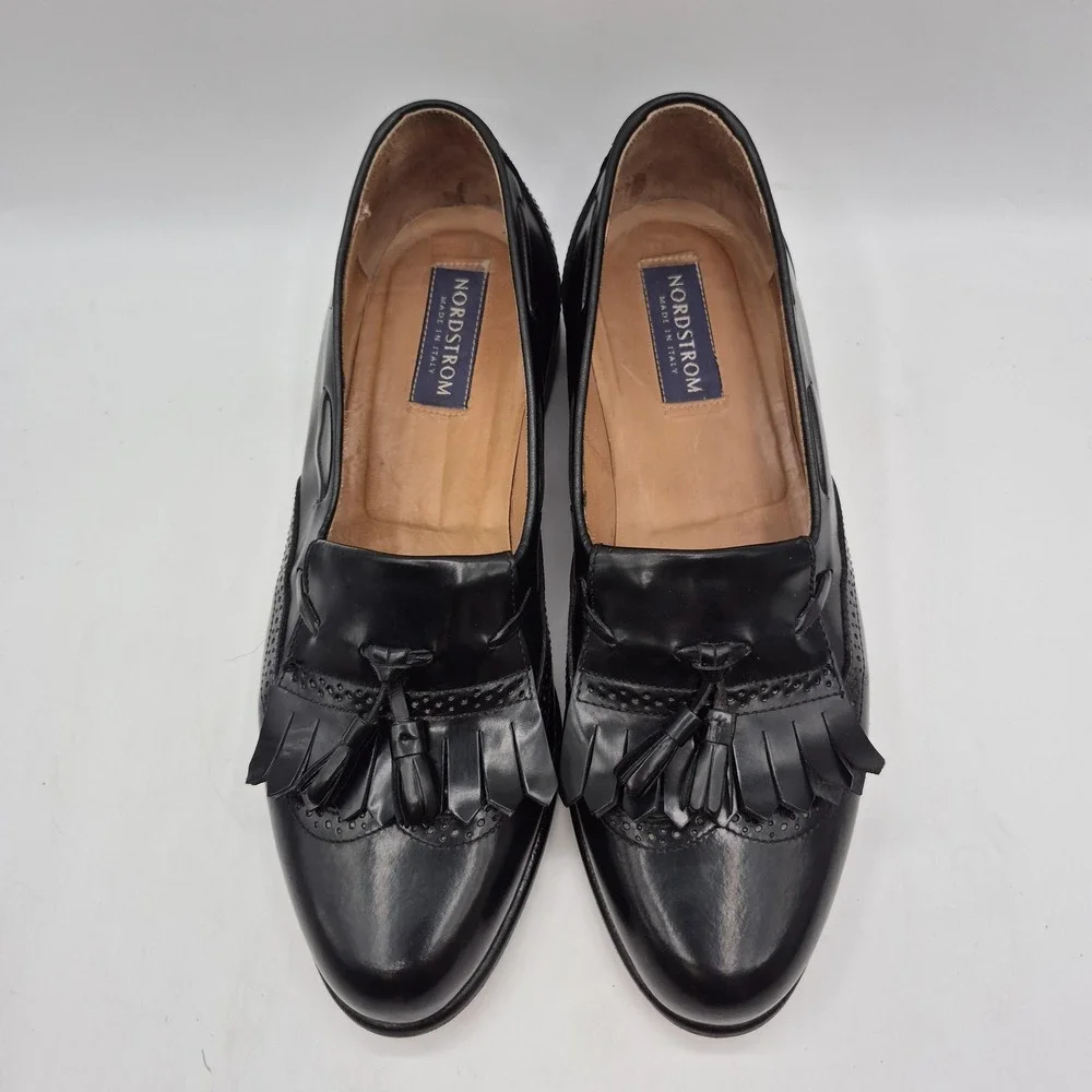 Nordstrom Shoes Mens Size 9.5 Black Leather Tassel Loafers‎ Dress Wingtip Italy